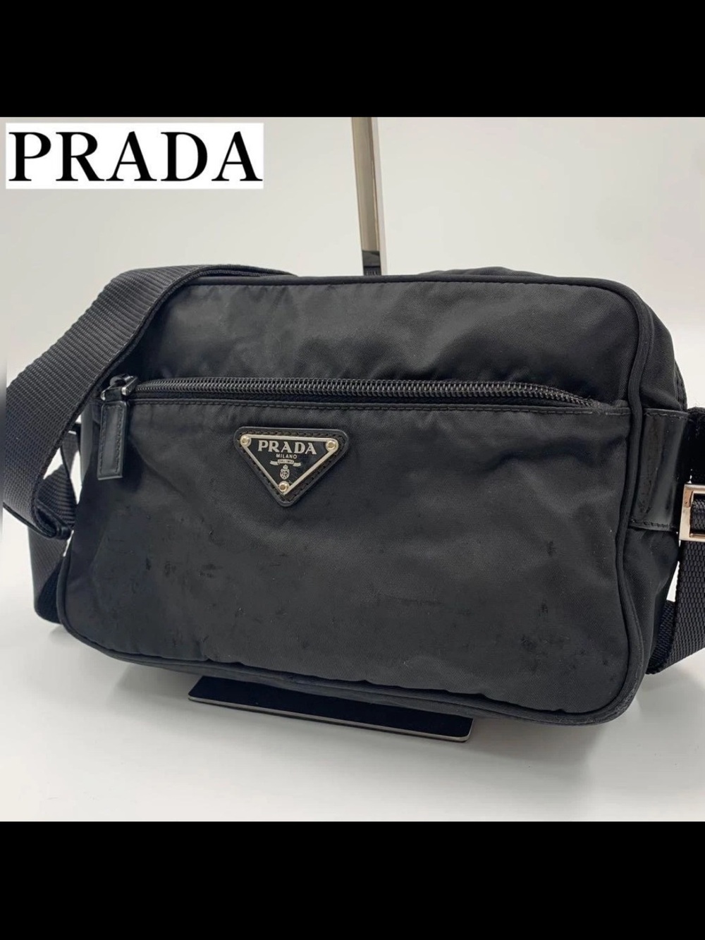 Prada Black Nylon Messenger Bag with Triangular Logo Plaque